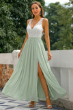 A Line Green Chiffon Open Back Long Bridesmaid Dress with Slit