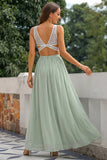 A Line Green Chiffon Open Back Long Bridesmaid Dress with Slit