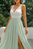 A Line Green Chiffon Open Back Long Bridesmaid Dress with Slit