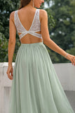 A Line Green Chiffon Open Back Long Bridesmaid Dress with Slit
