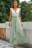 Green Chiffon V-Neck A Line Ruffled Long Bridesmaid Dress with Bow