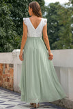 Green Chiffon V-Neck A Line Ruffled Long Bridesmaid Dress with Bow