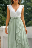 Green Chiffon V-Neck A Line Ruffled Long Bridesmaid Dress with Bow