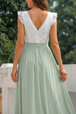 Green Chiffon V-Neck A Line Ruffled Long Bridesmaid Dress with Bow