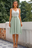 Green A Line Spaghetti Straps Midi Bridesmaid Dress with Lace
