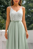 Green A Line Spaghetti Straps Midi Bridesmaid Dress with Lace