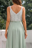Green A Line Spaghetti Straps Midi Bridesmaid Dress with Lace