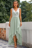 Green A Line V-Neck Chiffon Midi Dress with Ruffles
