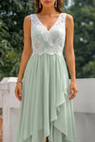 Green A Line V-Neck Chiffon Midi Dress with Ruffles