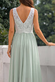 Green A Line V-Neck Chiffon Midi Dress with Ruffles
