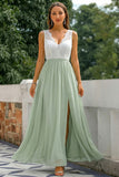 Green Lace V-Neck A Line Long Chiffon Bridesmaid Dress with Slit