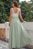 Green Lace V-Neck A Line Long Chiffon Bridesmaid Dress with Slit