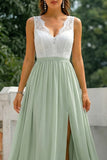 Green Lace V-Neck A Line Long Chiffon Bridesmaid Dress with Slit