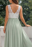 Green Lace V-Neck A Line Long Chiffon Bridesmaid Dress with Slit