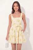 Yellow Floral Square Neck A Line Mini Graduation Dress with Belt