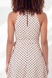 White Black Dot A-Line Halter Neck Mini Graduation Dress with Belt