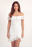 Off the Shoulder White Lace Bodycon Mini Graduation Dress with Ruffles