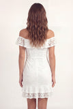Off the Shoulder White Lace Bodycon Mini Graduation Dress with Ruffles