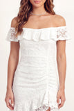 Off the Shoulder White Lace Bodycon Mini Graduation Dress with Ruffles
