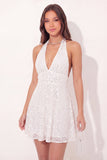 Sparkly Halter Neck A-Line White Sequins Mini Graduation Dress