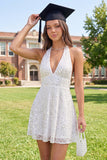 Sparkly Halter Neck A-Line White Sequins Mini Graduation Dress