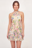 Yellow Halter Neck Tulle Floral Embroidered Mini Graduation Dress