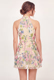 Yellow Halter Neck Tulle Floral Embroidered Mini Graduation Dress