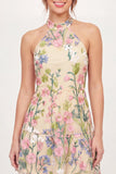Yellow Halter Neck Tulle Floral Embroidered Mini Graduation Dress