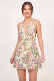 Halter Neck Yellow Floral A-Line Embroidered Mini Graduation Dress