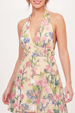 Halter Neck Yellow Floral A-Line Embroidered Mini Graduation Dress