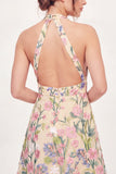 Halter Neck Yellow Floral A-Line Embroidered Mini Graduation Dress