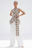 Brown Grid 2 Piece Bateau Neck Women Suits with Belt