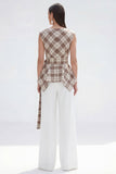 Brown Grid 2 Piece Bateau Neck Women Suits with Belt