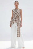 Brown Grid 2 Piece Bateau Neck Women Suits with Belt