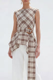 Brown Grid 2 Piece Bateau Neck Women Suits with Belt