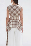 Brown Grid 2 Piece Bateau Neck Women Suits with Belt