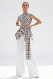 Brown Grid 2 Piece Bateau Neck Women Suits with Belt