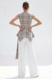 Brown Grid 2 Piece Bateau Neck Women Suits with Belt