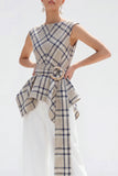 Brown Grid 2 Piece Bateau Neck Women Suits with Belt