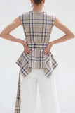 Brown Grid 2 Piece Bateau Neck Women Suits with Belt