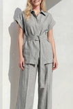 Grey 2 Piece Lapel Women's Suits with Belt