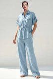 Blue 2 Piece Collared Short Sleeves Women Suits with Pockets