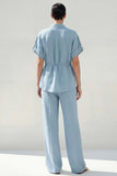Blue 2 Piece Collared Short Sleeves Women Suits with Pockets
