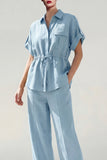 Blue 2 Piece Collared Short Sleeves Women Suits with Pockets