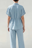 Blue 2 Piece Collared Short Sleeves Women Suits with Pockets