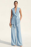 Blue Shawl Lapel 2 Piece Women Business Suits with Belt