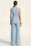 Blue Shawl Lapel 2 Piece Women Business Suits with Belt
