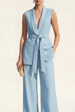 Blue Shawl Lapel 2 Piece Women Business Suits with Belt