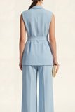 Blue Shawl Lapel 2 Piece Women Business Suits with Belt