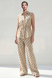 Khaki Polka Dots 2 Piece Collared Women Suits